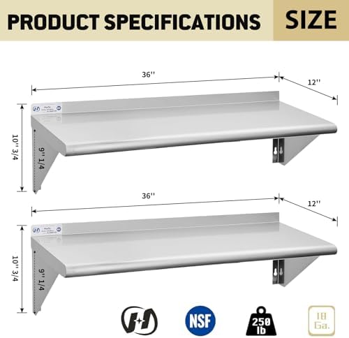 Hally Stainless Steel Shelf 2 Pack Wall Mounted Metal Shelves 12"x36" NSF - Image 3