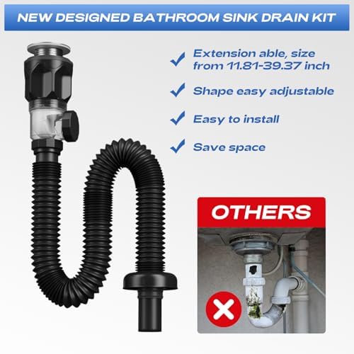 Bathroom Sink Drain Kit with Flexible Expandable P-Trap Sink Drain Pipe Tube - Image 4