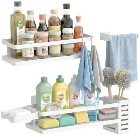 PUSDON 5-in-1 Shower Caddy & Kitchen Organizer Set, Wall Mount Wide Spice Rack by PUSDON