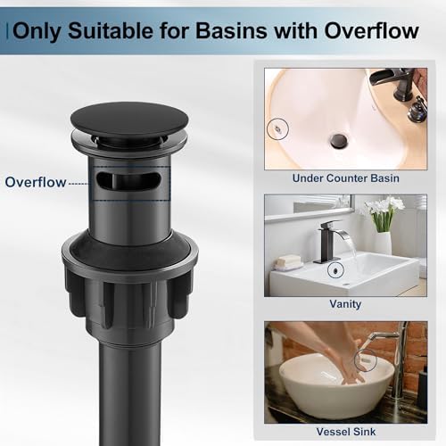 Black Pop Up Drain with Overflow, Double-Sealed Bathroom Sink Drains, No Rust - Image 2