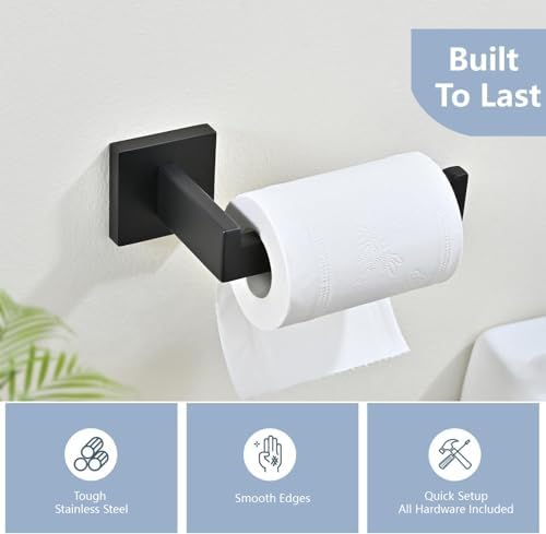 Toilet Paper Holder Set with 2 Square Robe Hooks, Matte Black - Image 3