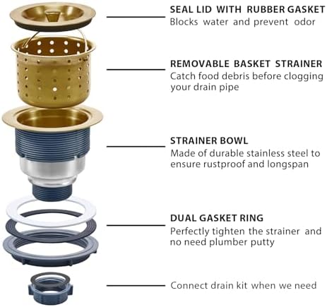 KONE 3-1/2 Inch Brass Sink Drain, Durable Stainless Steel Brass Kitchen Sink - Image 6