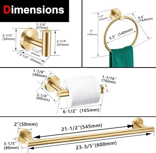 5 Pieces Brushed Gold Bathroom Hardware Accessories Set, SUS304 Stainless Steel - Image 4