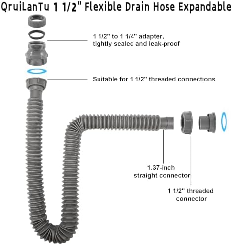1 1/2" Flexible Drain Hose, Extendable Flexible Sink Drain Hose P-Trap - Image 6