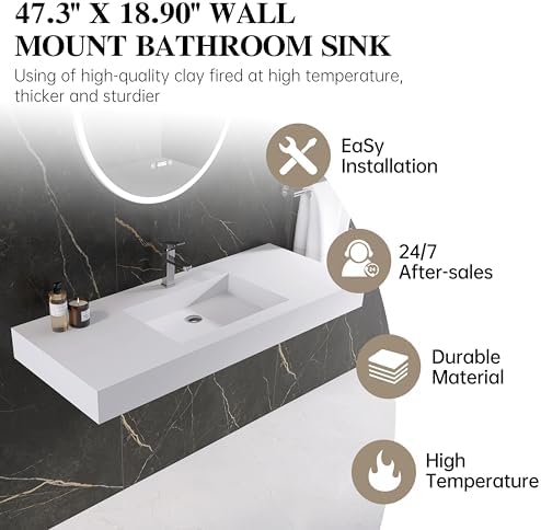 47" Wall Mount Sink, Artificial Stone Bathroom Sink, Single Hole - Image 4