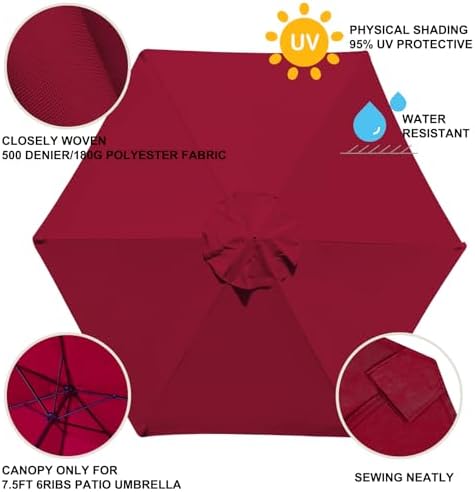 EliteShade USA 7.5FT Replacement Covers 6 Ribs Market Patio Umbrella Canopy - Image 5