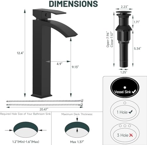 Matte Black Vessel Sink Faucet, Waterfall Bathroom Faucets - Image 2