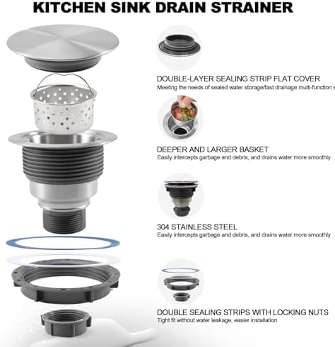 3 1/2" Kitchen Sink Drain Kit Replacement Sink Drain Assembly Removable 304 - Image 5