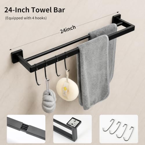 9 Piece Matte Black Bathroom Hardware Set, 24 Inch Double Towel Bar - Image 4