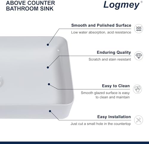 Logmey 24" Bathroom Sink Dorp in 24x14 Large White Vessel Sink - Image 5