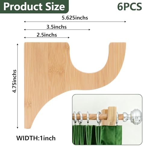 6 Pack Curtain Hooks for Wall, Wooden Shower Rod Holder - Image 2