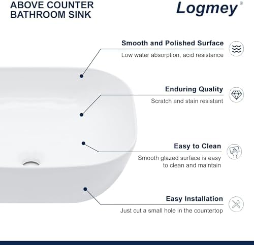 Logmey 18 Inch Bathroom Sink 18x14 Countertop Vessel Sink Rectangular Large - Image 6