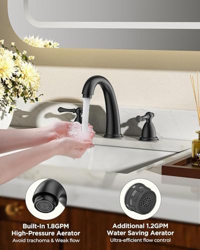 FORIOUS Bathroom Faucet 3 Hole Widespread 8" Sink Faucets Matte Black - Image 4