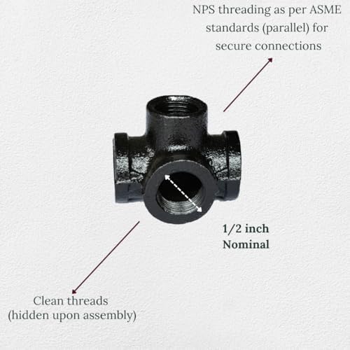 1/2" 4-WAY TEE Industrial Threaded Black Iron Pipe Fittings; Black Satin Finish - Image 3