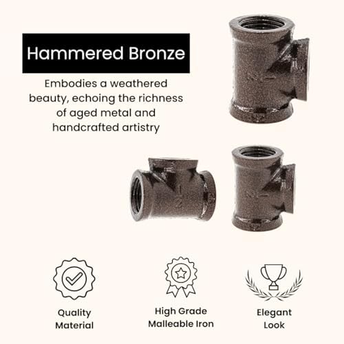 1/2" TEE Industrial Threaded Black Iron Pipe Fittings; Hammered Bronze Finish - Image 3