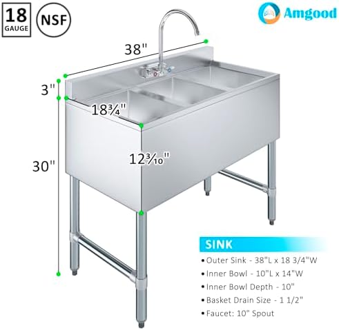 AmGood 38 in. x 19 in. Three Bowl Commercial Underbar Sink - Image 3