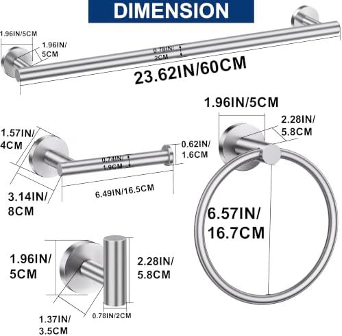 5 Pieces Bathroom Hardware Accessories Set Brushed Nickel, 24Inch Round Towel - Image 7