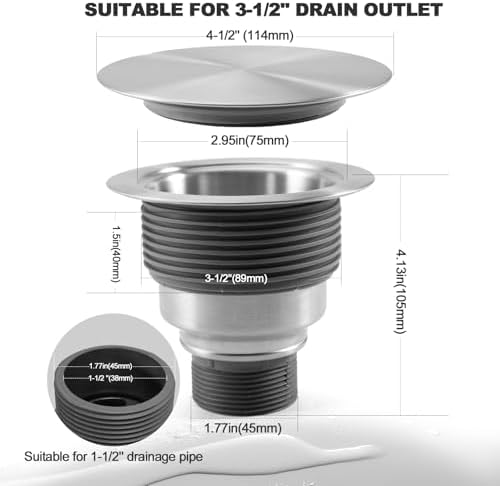 3 1/2" Kitchen Sink Drain Kit Replacement Sink Drain Assembly Removable 304 - Image 6