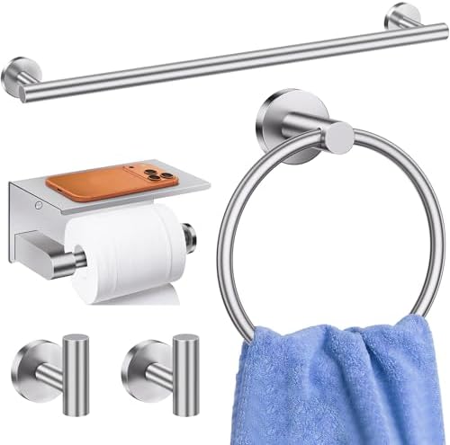 5 Pieces Bathroom Hardware Accessories Set Brushed Nickel, 24Inch Round Towel by Delarkusi
