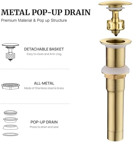 Ultimate Unicorn Pop up Sink Drain, Without Overflow Hole, Brushed Gold - Image 2