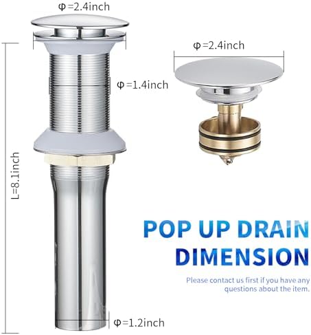 BWE Chrome Bathroom Sink Pop-Up Drain Stopper, No Overflow - Image 6