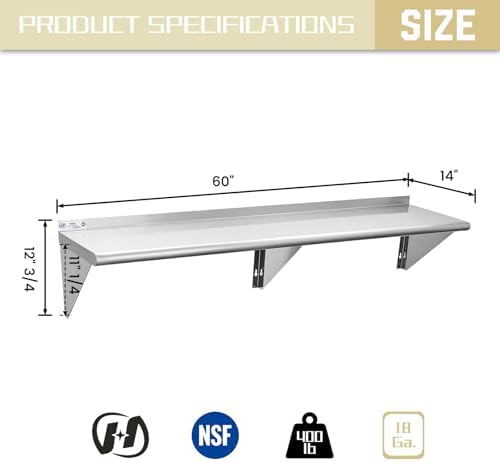 Hally Stainless Steel Wall Mount Shelf 14 x 60 in, NSF Commercial Shelving - Image 3