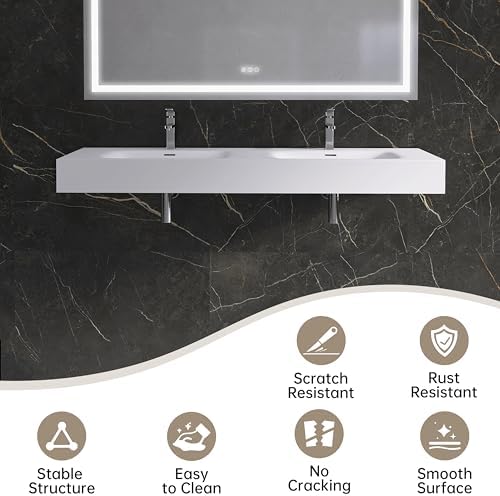 Wall Mount Double Bathroom Sink 59"L x 18"W x 5"H, Resin Stone Floating Sink - Image 3
