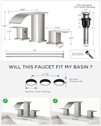 FORIOUS Bathroom Faucet Waterfall 3 Hole 8 Inch Widespread Brushed Nickel - Image 2