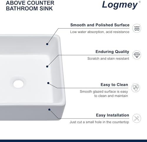 Logmey 15x15 Small Square White Vessel Sink, Smooth Glaze & Durable Porcelain - Image 3