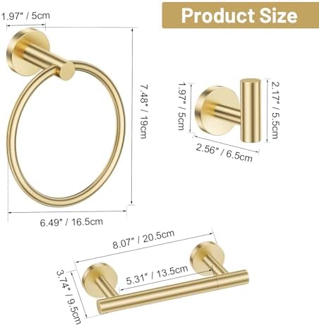 Brushed Gold Bathroom Hardware Set, Toilet Paper Holder, Towel Ring & Hooks - Image 6