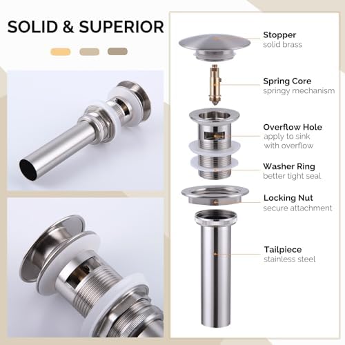 Angle Simple Bathroom Sink Stopper, Brass Pop Up Sink Drain, Brushed Nickel - Image 5