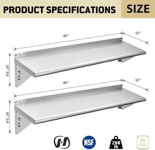 Hally Stainless Steel Shelf 2 Pack Wall Mounted Metal Shelves 12"x48" NSF - Image 3