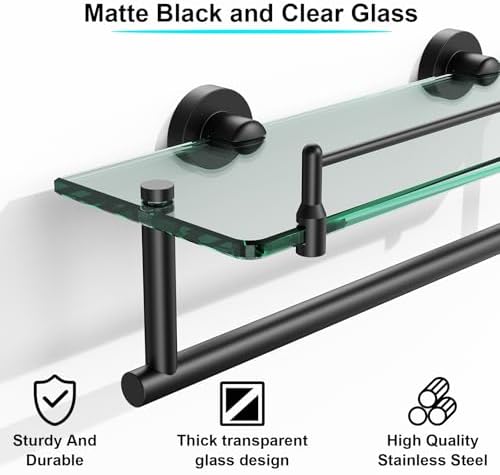 Bathroom Towel Rack with Tempered Glass Shelf 16 Inch, Matte Black Floating - Image 5