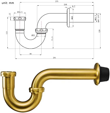 18 Gauge Solid Brass P-Trap 1 1/4” OD, Heavy Duty Brass Tubular J Bend Pipe - Image 2