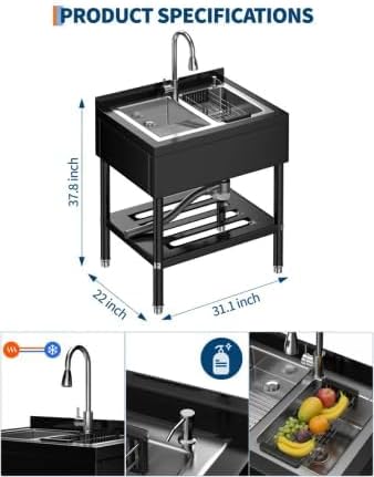 Stainless Steel Utility Sink, 25.7" × 20.7" × 39.5" Freestanding Laundry Tub - Image 2