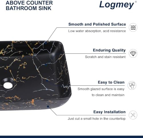 Logmey Rectangle Marble Black Vessel Sink - Image 4
