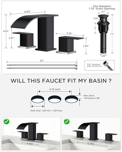 FORIOUS Bathroom Faucet Waterfall 3 Hole 8 Inch Black and Brushed Nickel - Image 2