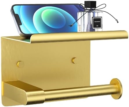 GLNLQ Brushed Gold Toilet Paper Holder Wall Mount, Adhesive or Screw-in by GLNLQ