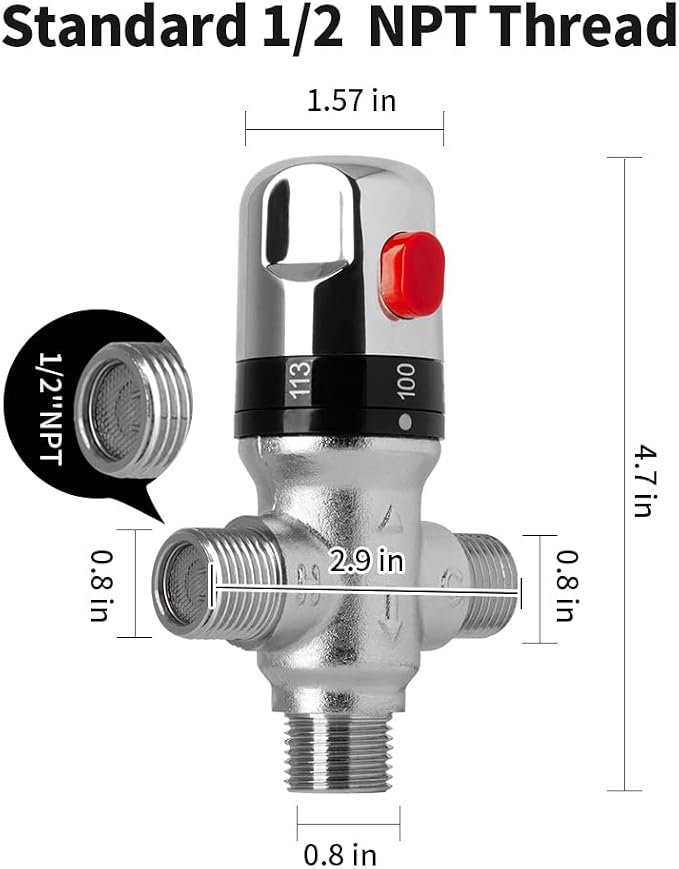 WiseWater 3-Way Thermostatic Mixing Valve, 1/2" NPT Chrome Plated Brass | - Image 3