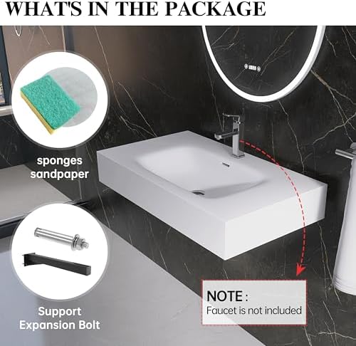 Wall Mount Bathroom Sink 31.9"L x 18"W x 5"H, Resin Stone Floating Sink - Image 5