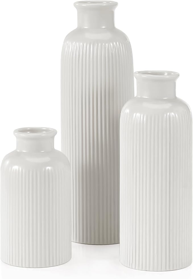Small White Ceramic Vase Set of 3, Boho Modern White Flower Vase Room Decor by GUKJOB