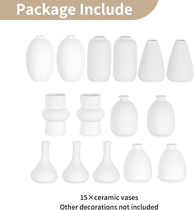 NUPTIO Small White Ceramic Vase: 15 Pcs Assorted Vases | Bud Vase Centerpiece - Image 6