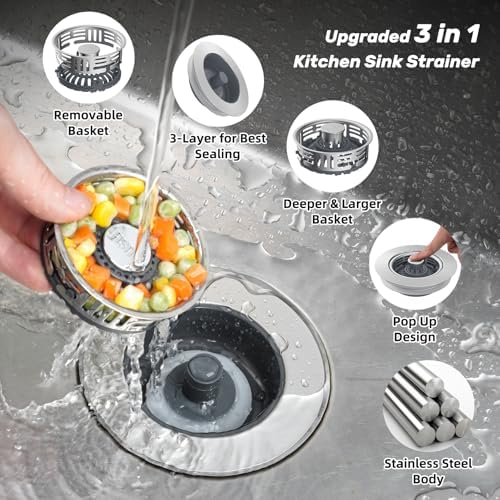Hibbent 3 in 1 Kitchen Sink Drain Strainer, Metal Pop Up Stopper - Image 2