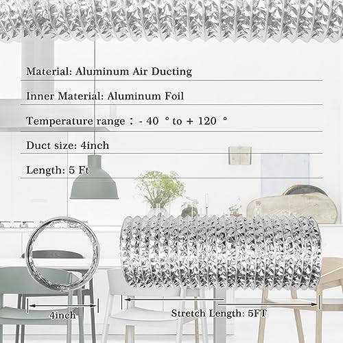 Omont Dryer Vent Hose 4 Inch 5FT Flexible Dryer Ducting Tube Air Duct Aluminum - Image 2