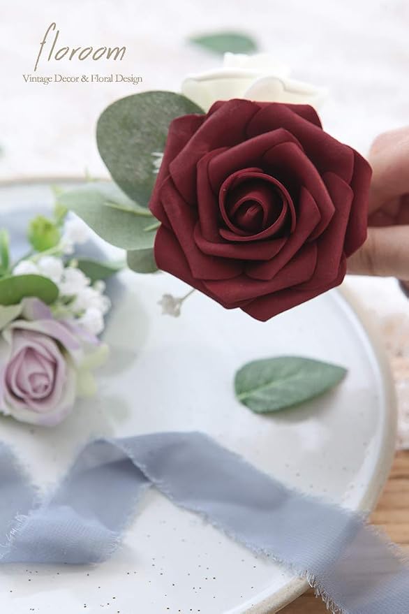 Artificial Flowers 25pcs Real Looking Burgundy Foam Fake Roses - Image 4
