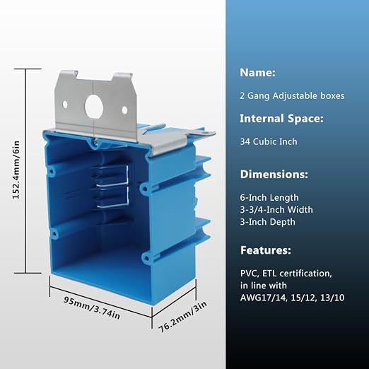 Adjustable 2 Gang Electrical Box, 34Cu in, 12 Pack, ETL Listed | Features 34Cu - Image 3