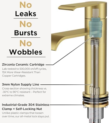 FORIOUS Waterfall Bathroom Faucet Single Hole Brushed Gold 2 Pack - Image 3