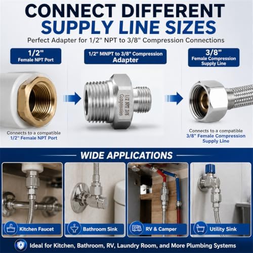 2 Pack 1/2" MNPT to 3/8" Compression Adapter, Lead-Free 304 Stainless Steel - Image 4