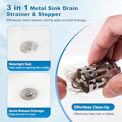 Hibbent Universal Bathroom Sink Drain Strainer, 3 in 1 Pop Up Stopper - Image 6
