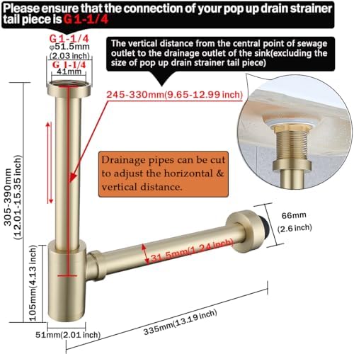 RANDOM Brass Round Bottle P-Trap 1 1/4, Raise and Lengthen Adjustable Basin - Image 2